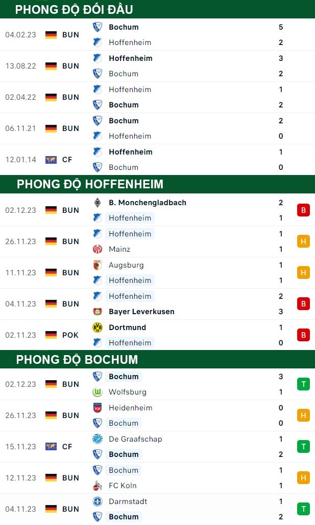 thông số đối đầu trận đấu Hoffenheim vs Bochum