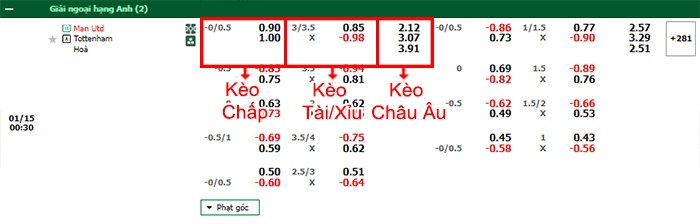 bảng kèo trận đấu Man Utd vs Tottenham