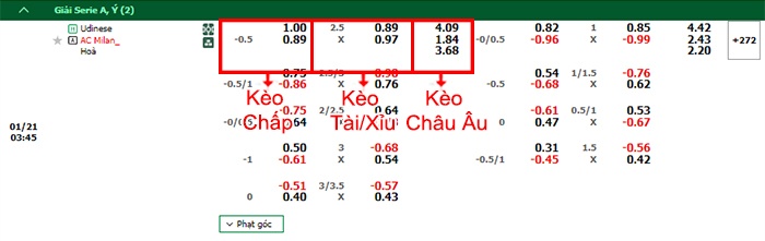 bảng kèo trận đấu Udinese vs AC Milan