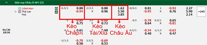 bảng kèo trận đấu Uzbekistan vs Thái Lan