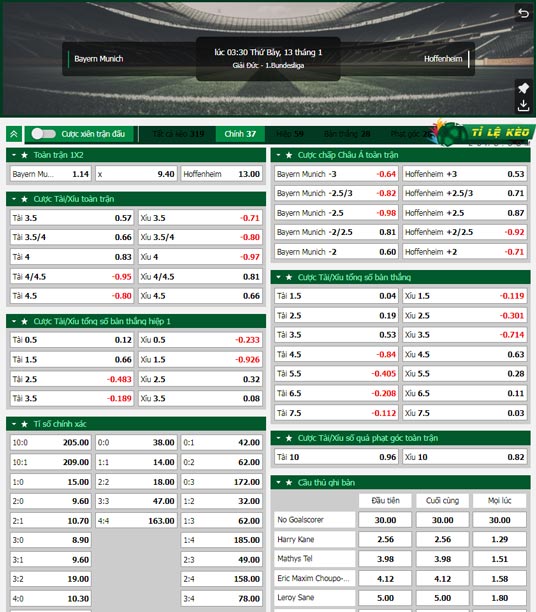 chi tiết kèo đấu Bayern Munich vs Hoffenheim