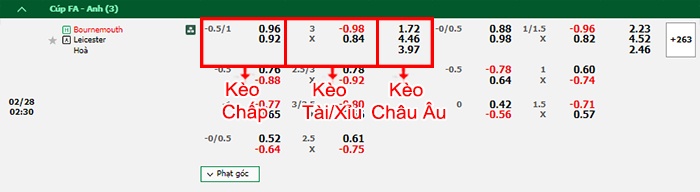 bảng kèo trận đấu Bournemouth vs Leicester