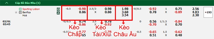 bảng kèo trận đấu Sporting Lisbon vs Benfica