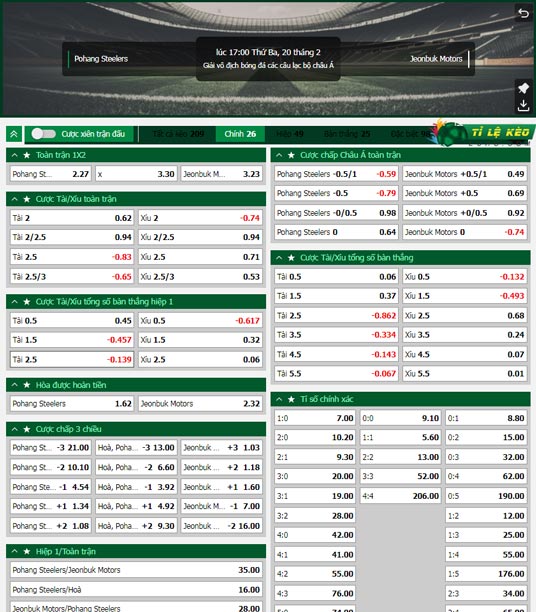 chi tiết kèo đấu Pohang vs Jeonbuk