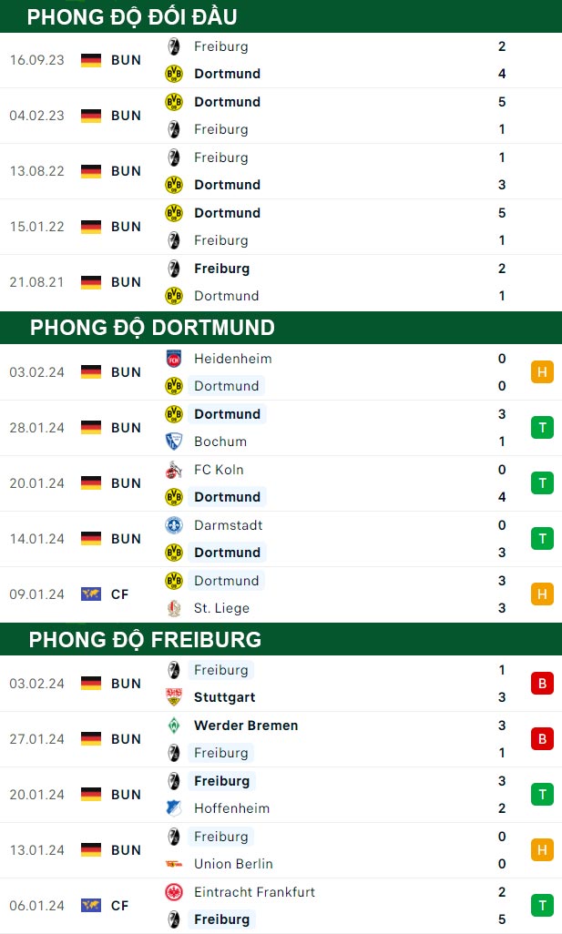 thông số đối đầu trận đấu Dortmund vs Freiburg