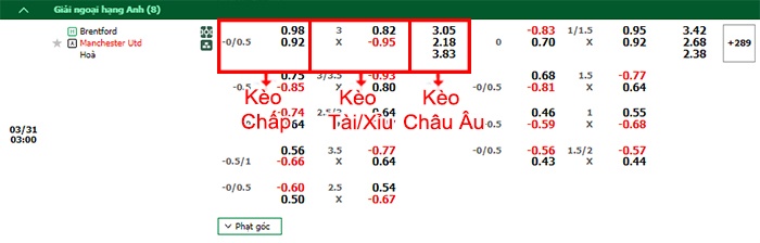 bảng kèo trận đấu Brentford vs Man Utd