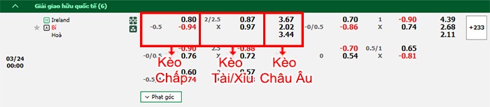 bảng kèo trận đấu CH Ireland vs Bỉ