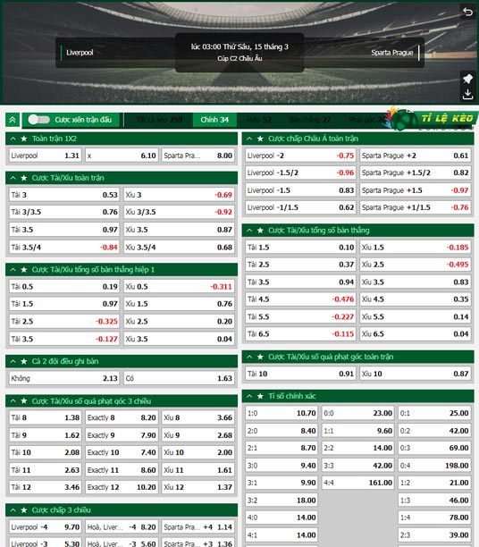 chi tiết kèo đấu Liverpool vs Sparta Prague