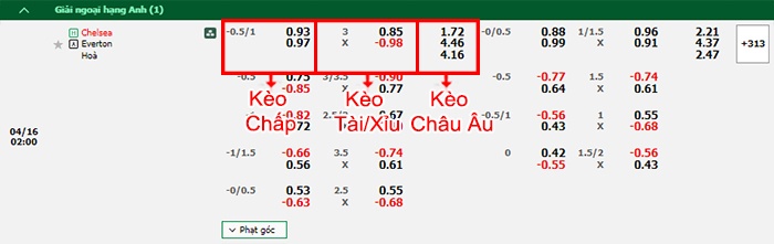 bảng kèo trận đấu Chelsea vs Everton