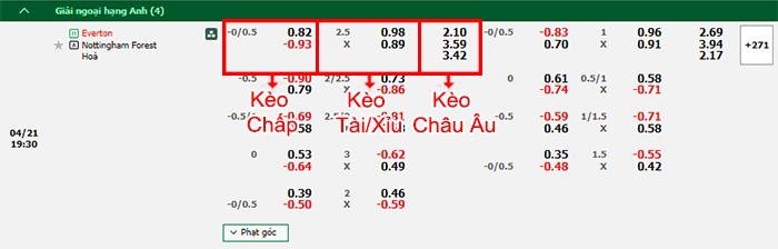 bảng kèo trận đấu Everton vs Nottingham