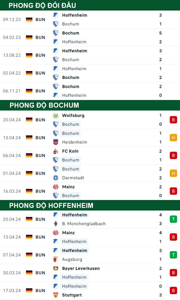 thông số đối đầu trận đấu Bochum vs Hoffenheim